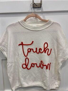 Anna & Ava White Cap Sleeve Sweater Top with Orange 'Touch Down' Embroidery